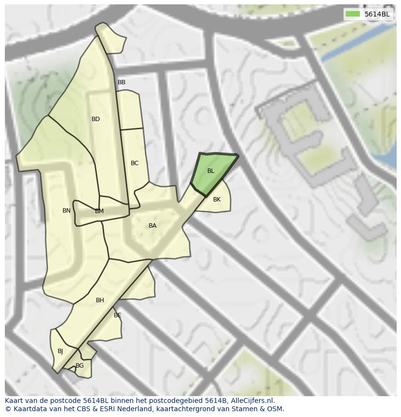 Afbeelding van het postcodegebied 5614 BL op de kaart.