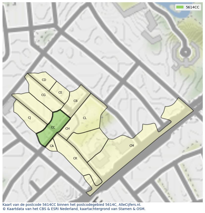 Afbeelding van het postcodegebied 5614 CC op de kaart.