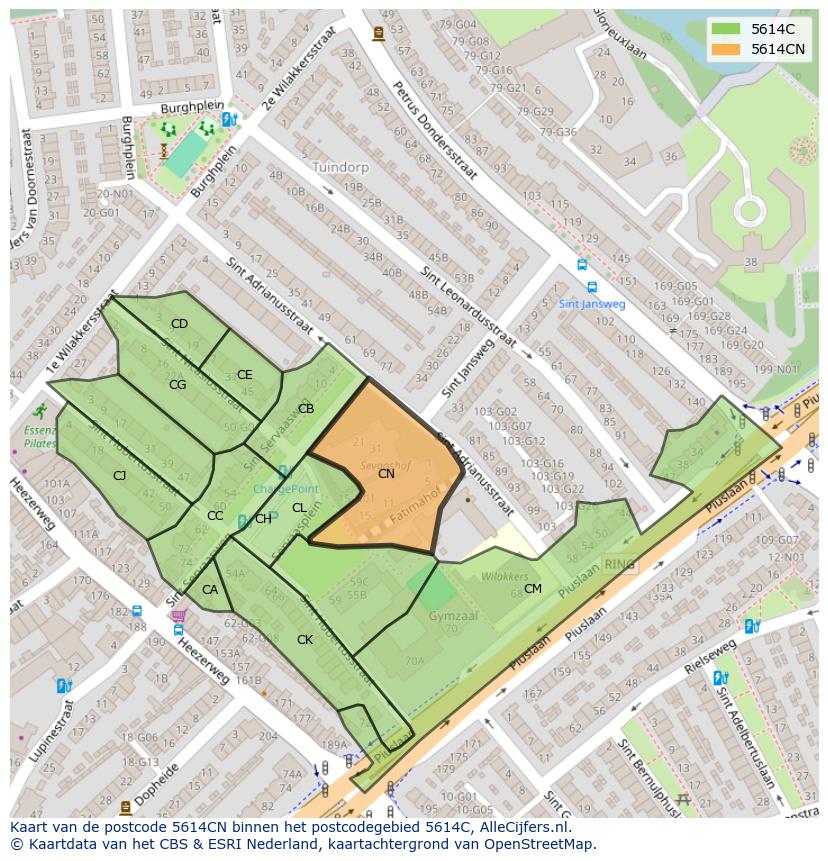 Afbeelding van het postcodegebied 5614 CN op de kaart.