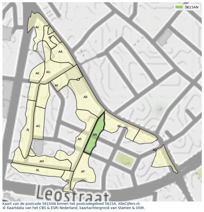Afbeelding van het postcodegebied 5615 AN op de kaart.