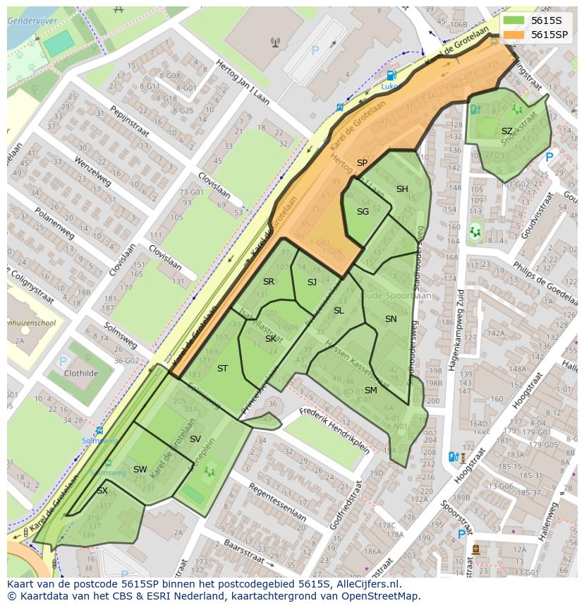 Afbeelding van het postcodegebied 5615 SP op de kaart.