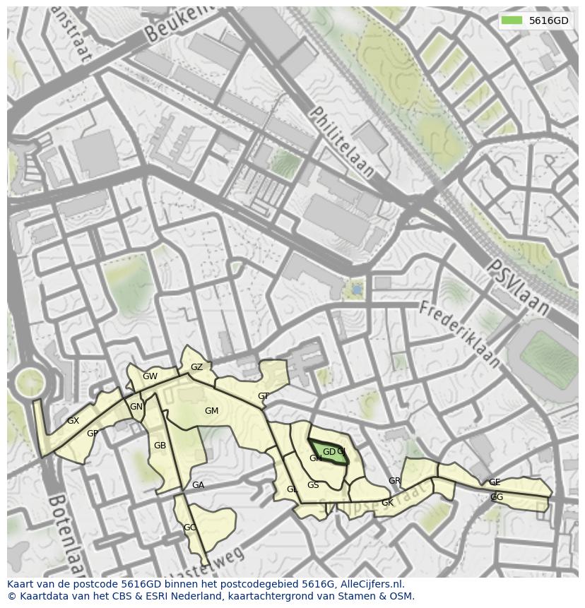 Afbeelding van het postcodegebied 5616 GD op de kaart.