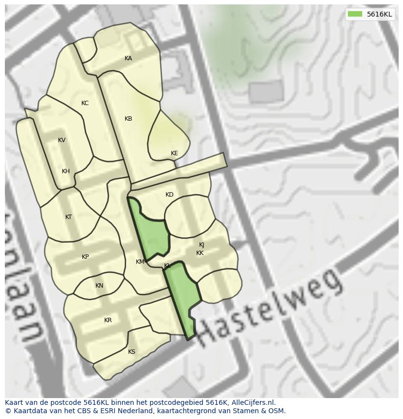 Afbeelding van het postcodegebied 5616 KL op de kaart.