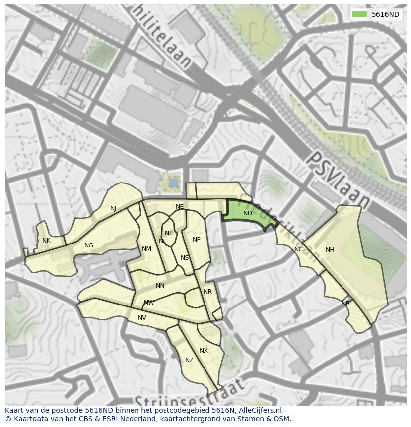 Afbeelding van het postcodegebied 5616 ND op de kaart.