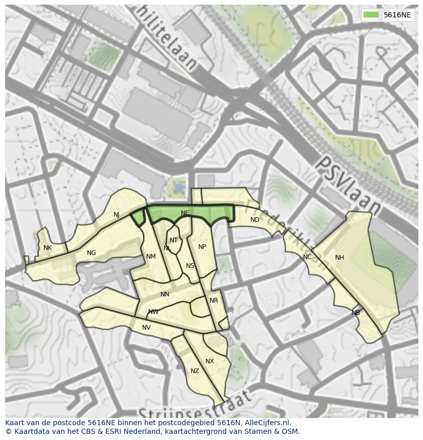 Afbeelding van het postcodegebied 5616 NE op de kaart.