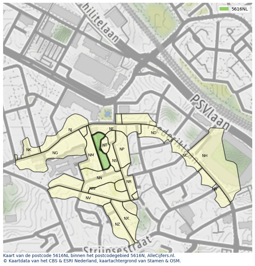 Afbeelding van het postcodegebied 5616 NL op de kaart.
