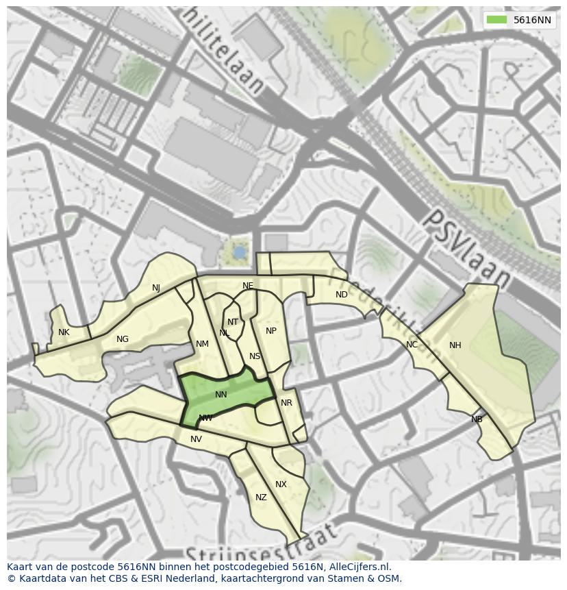 Afbeelding van het postcodegebied 5616 NN op de kaart.