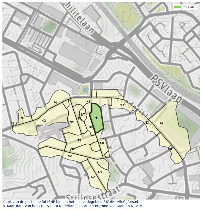 Afbeelding van het postcodegebied 5616 NP op de kaart.