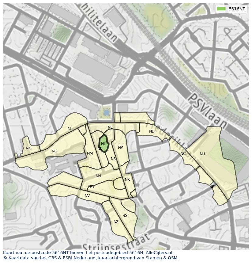 Afbeelding van het postcodegebied 5616 NT op de kaart.