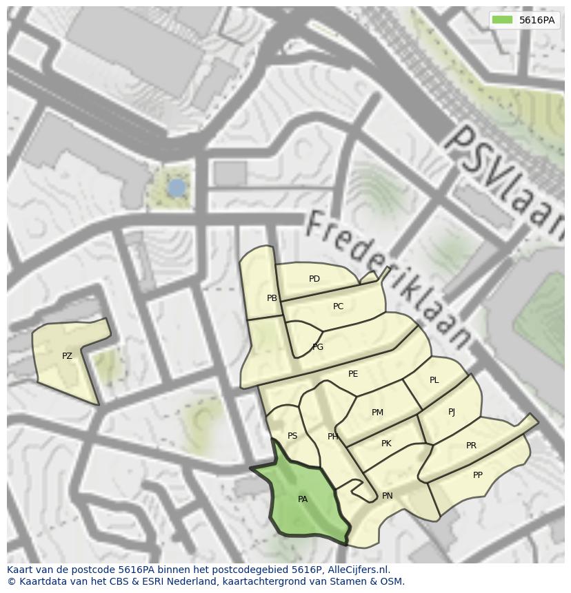 Afbeelding van het postcodegebied 5616 PA op de kaart.