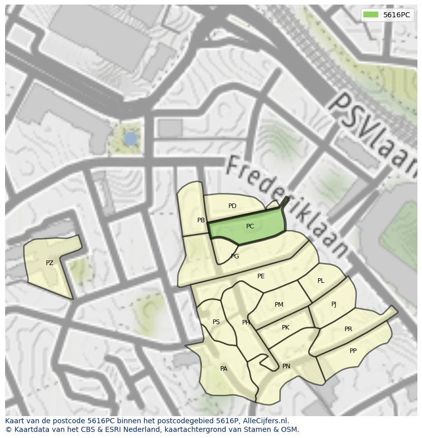 Afbeelding van het postcodegebied 5616 PC op de kaart.