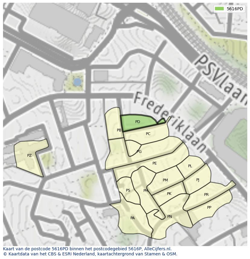 Afbeelding van het postcodegebied 5616 PD op de kaart.