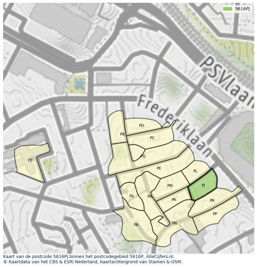 Afbeelding van het postcodegebied 5616 PJ op de kaart.
