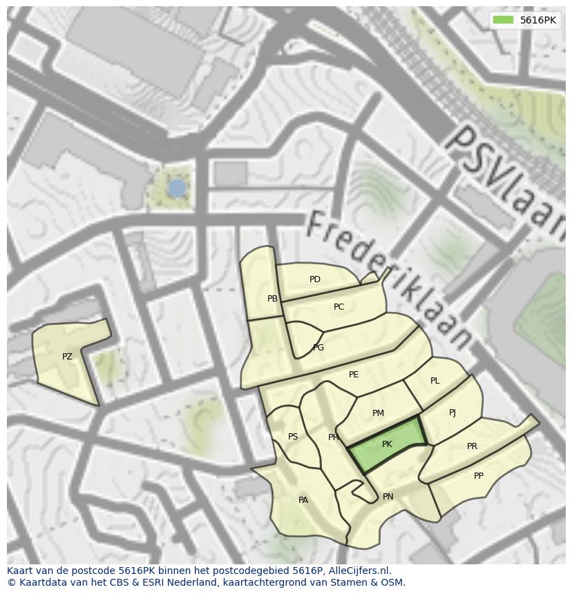 Afbeelding van het postcodegebied 5616 PK op de kaart.