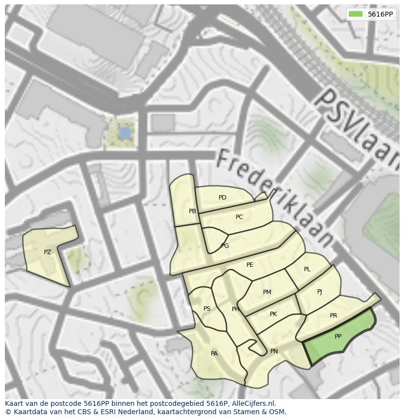 Afbeelding van het postcodegebied 5616 PP op de kaart.