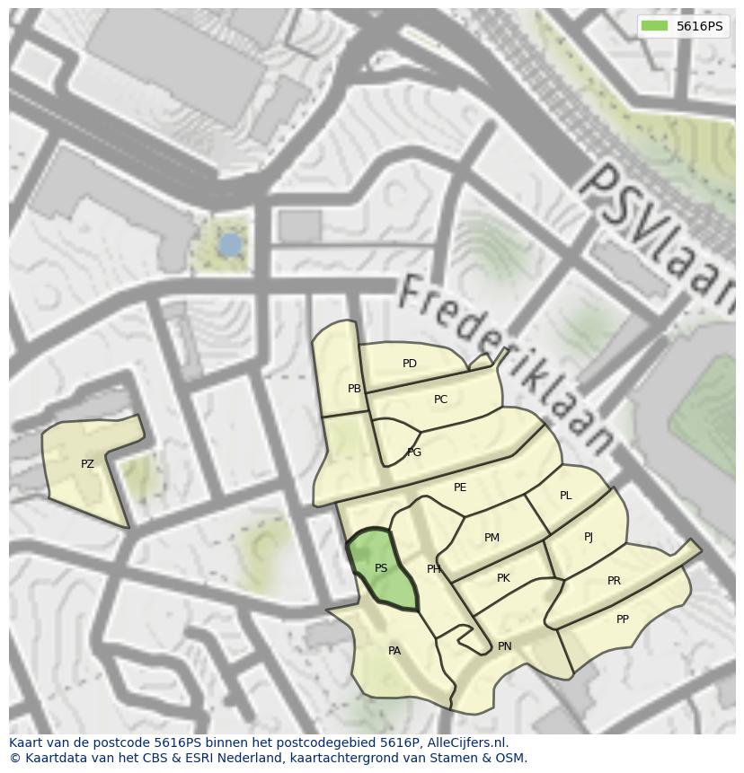 Afbeelding van het postcodegebied 5616 PS op de kaart.