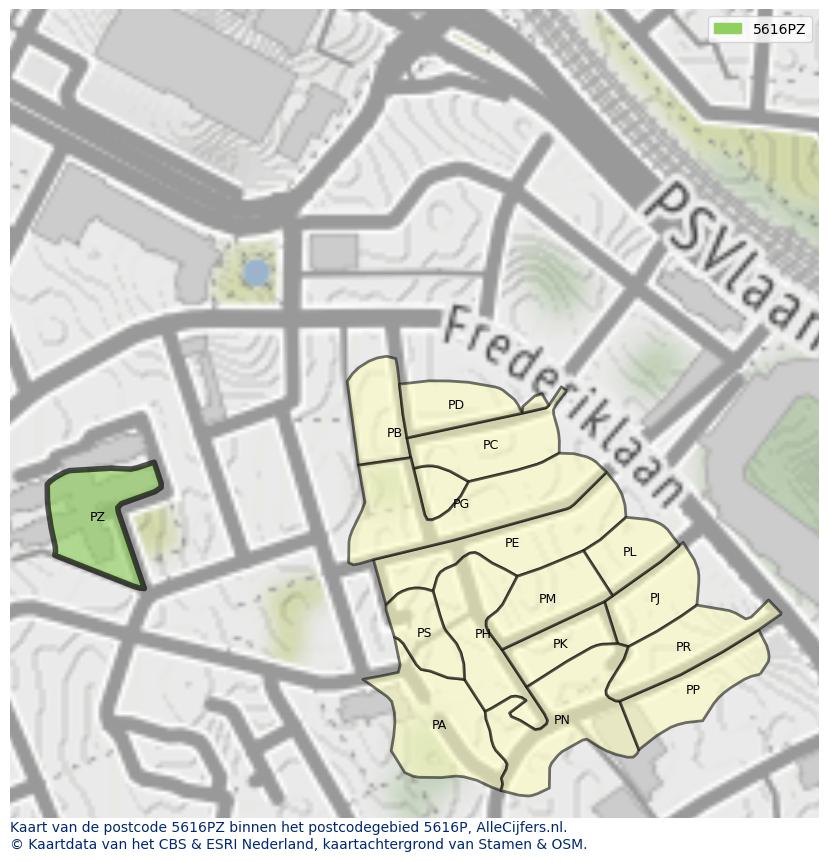 Afbeelding van het postcodegebied 5616 PZ op de kaart.