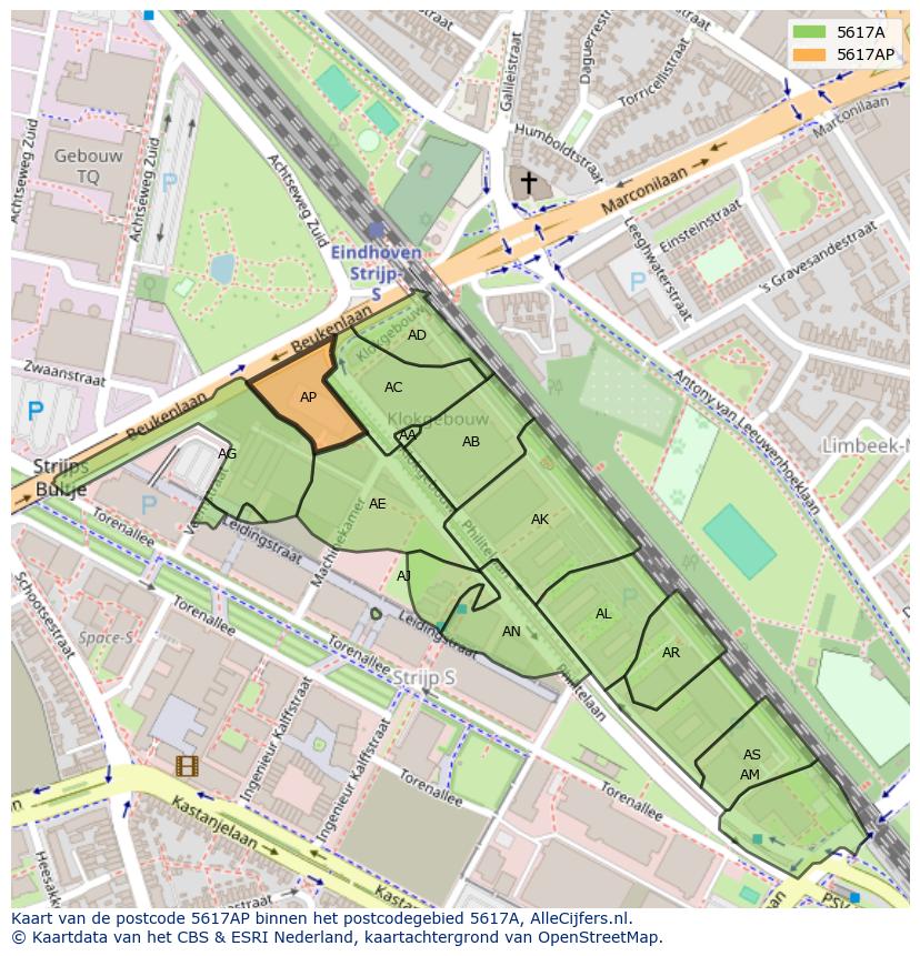 Afbeelding van het postcodegebied 5617 AP op de kaart.