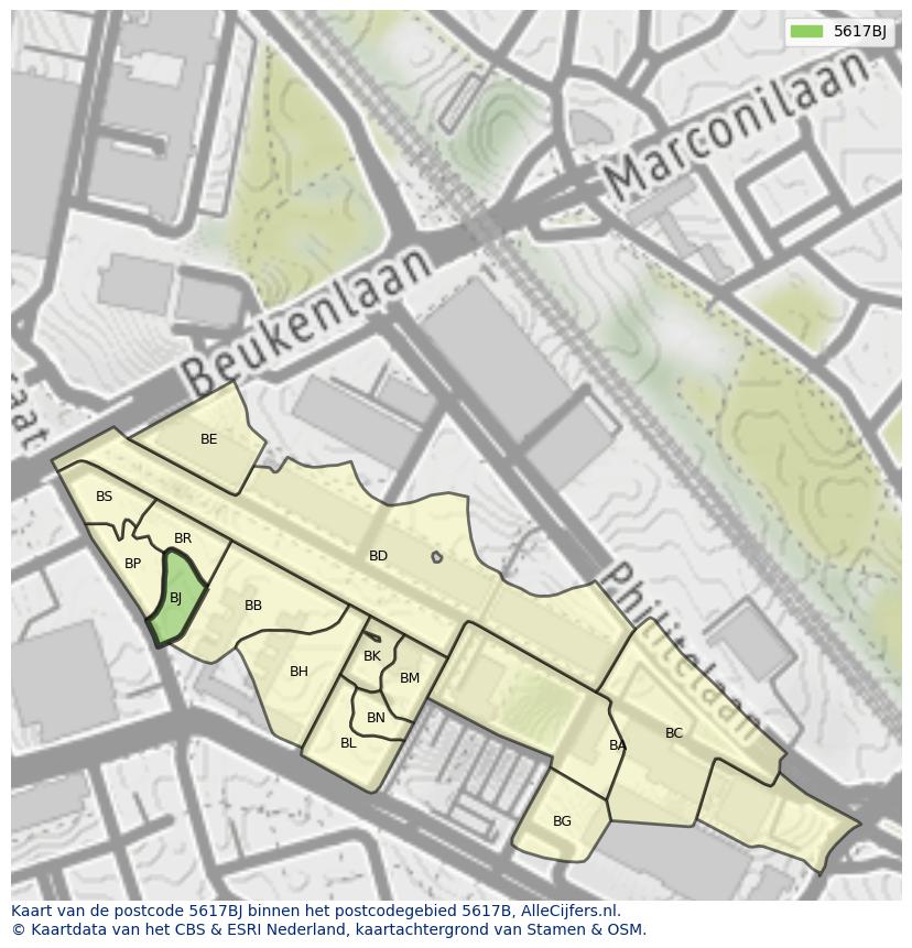 Afbeelding van het postcodegebied 5617 BJ op de kaart.