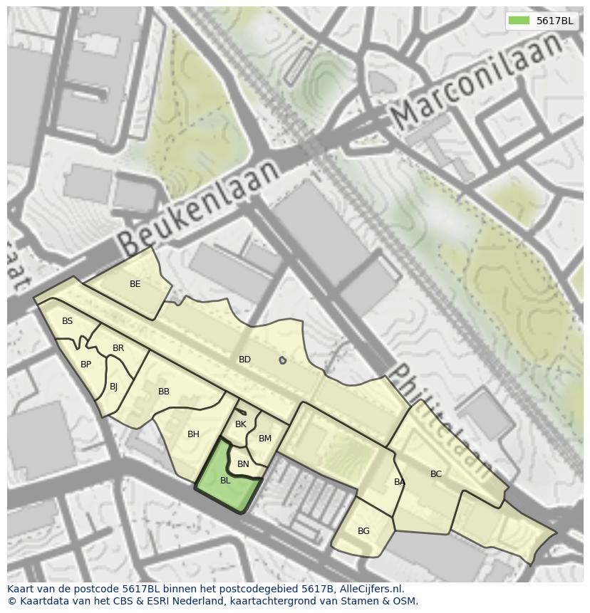Afbeelding van het postcodegebied 5617 BL op de kaart.