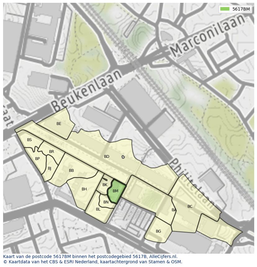 Afbeelding van het postcodegebied 5617 BM op de kaart.