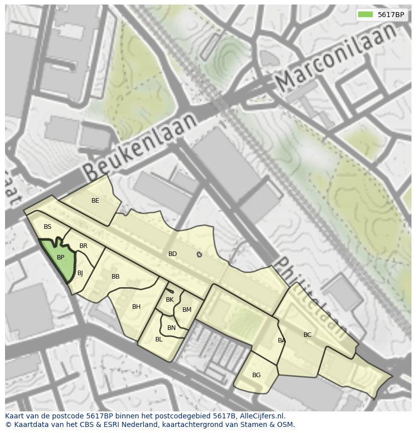 Afbeelding van het postcodegebied 5617 BP op de kaart.