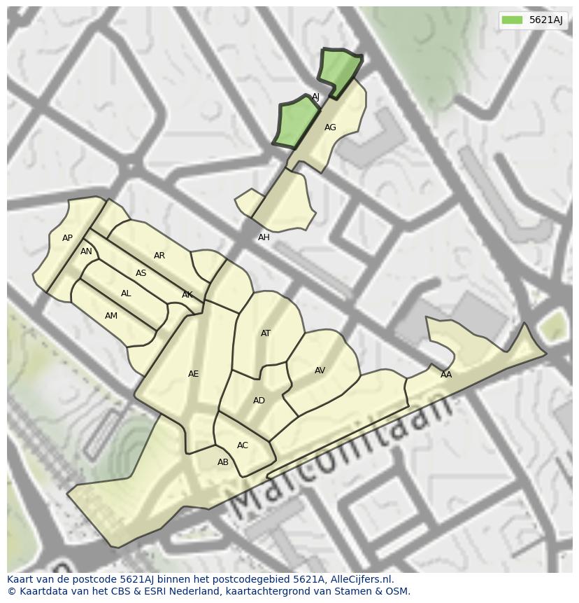 Afbeelding van het postcodegebied 5621 AJ op de kaart.