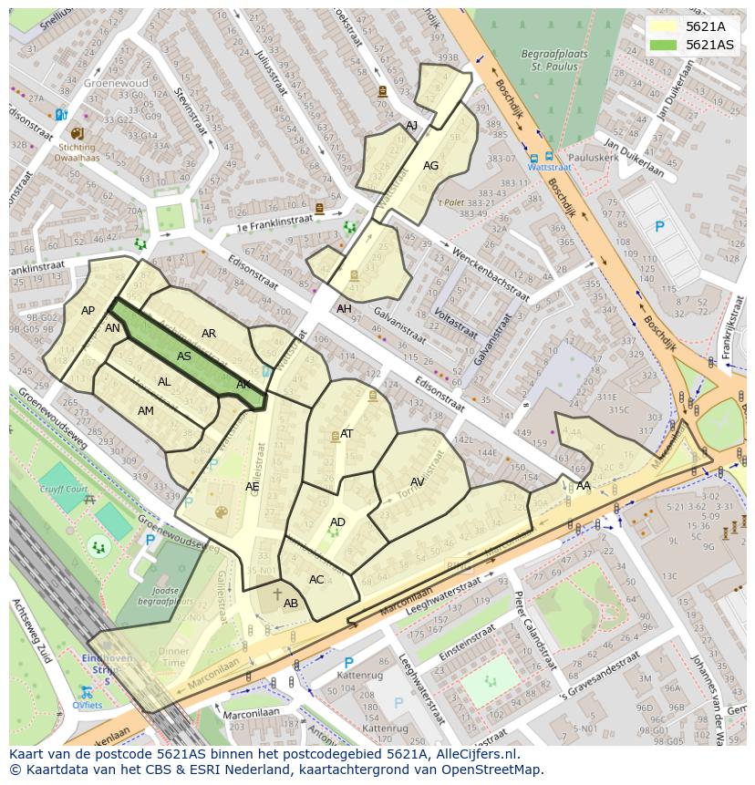 Afbeelding van het postcodegebied 5621 AS op de kaart.
