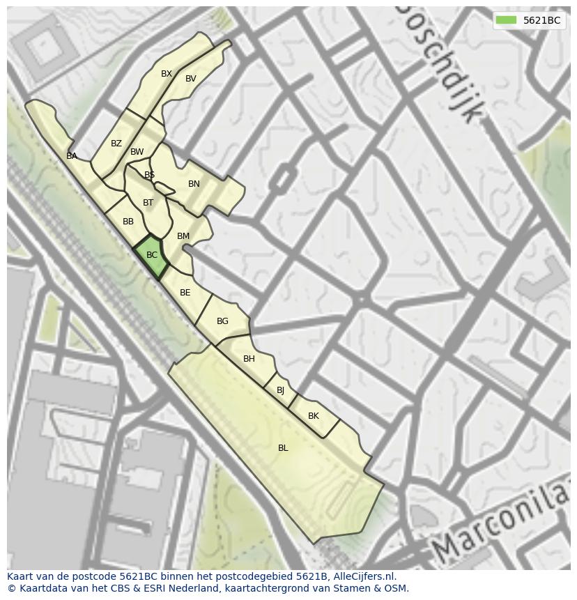 Afbeelding van het postcodegebied 5621 BC op de kaart.