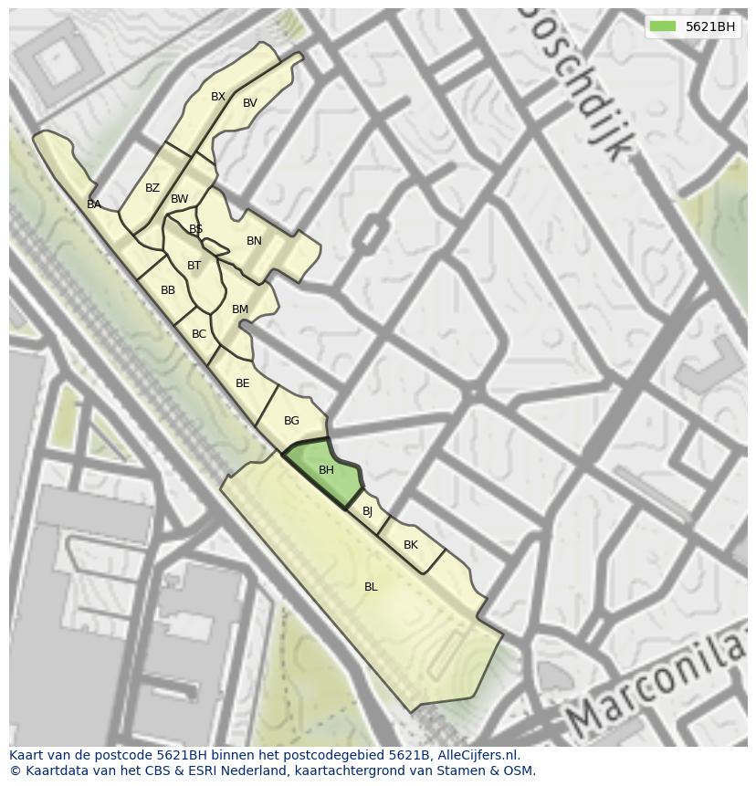 Afbeelding van het postcodegebied 5621 BH op de kaart.