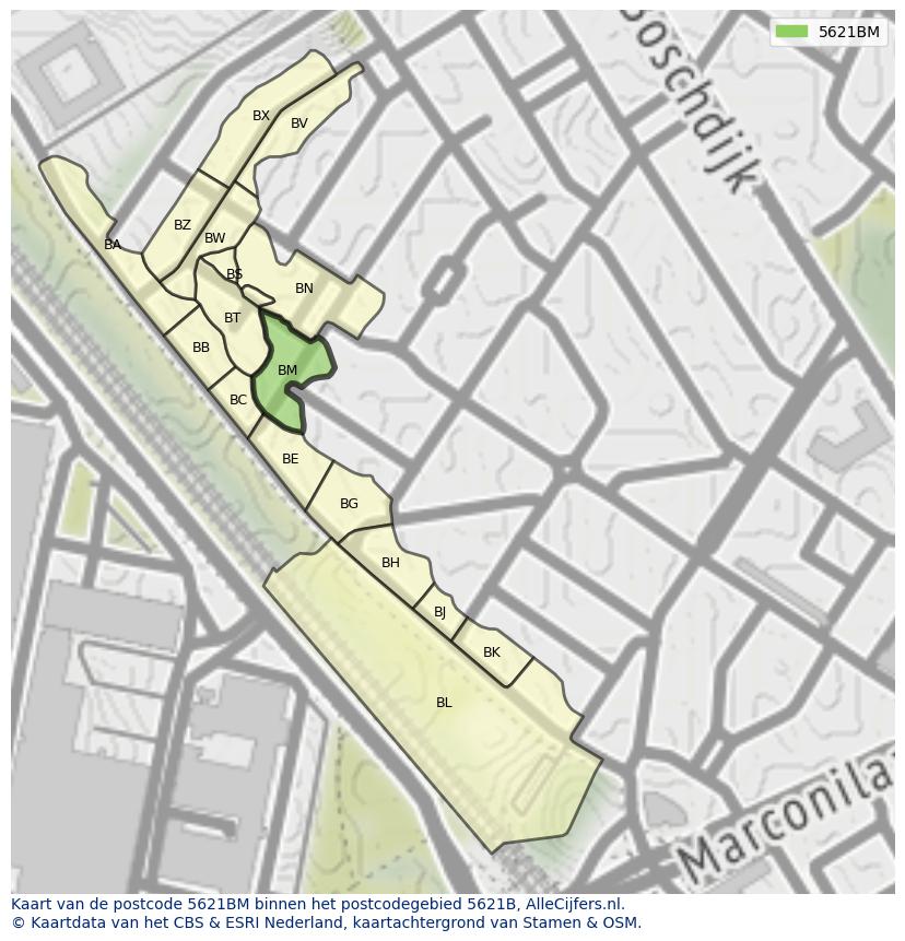 Afbeelding van het postcodegebied 5621 BM op de kaart.