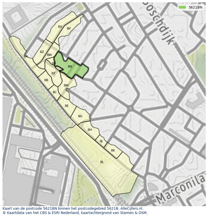 Afbeelding van het postcodegebied 5621 BN op de kaart.