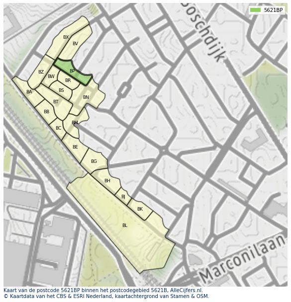 Afbeelding van het postcodegebied 5621 BP op de kaart.