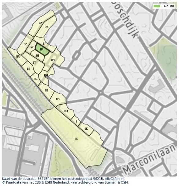 Afbeelding van het postcodegebied 5621 BR op de kaart.