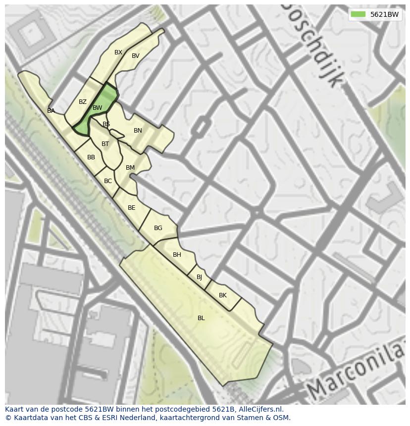Afbeelding van het postcodegebied 5621 BW op de kaart.