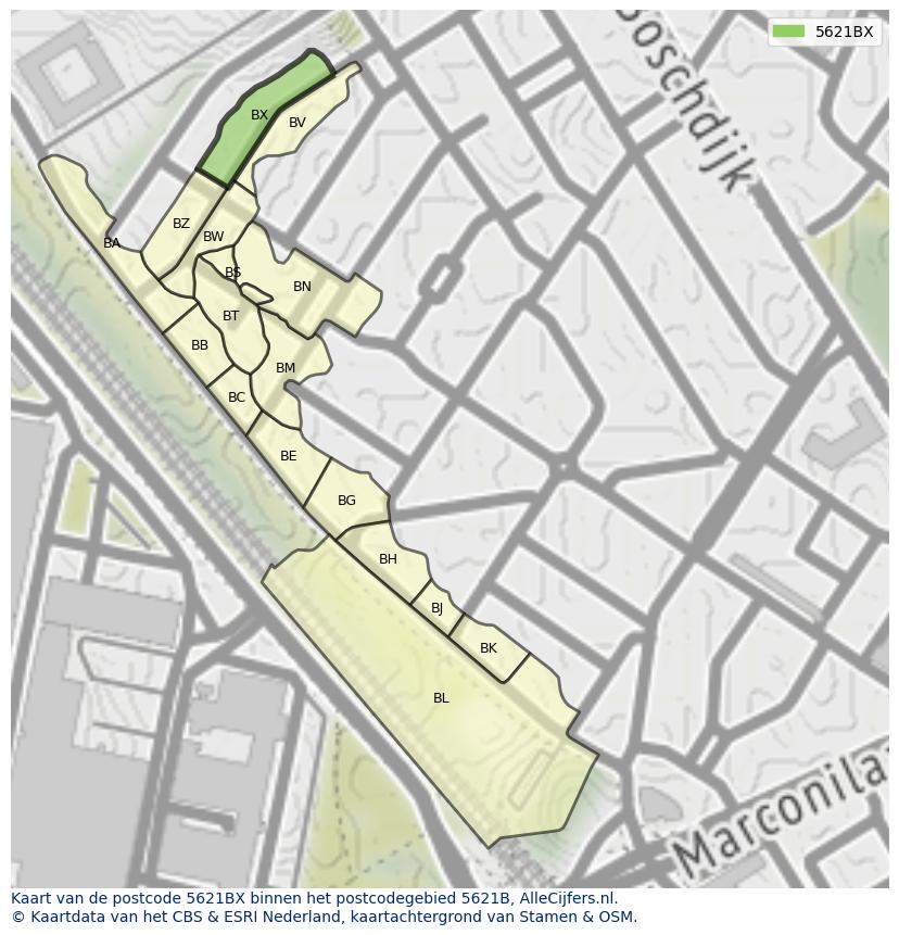 Afbeelding van het postcodegebied 5621 BX op de kaart.
