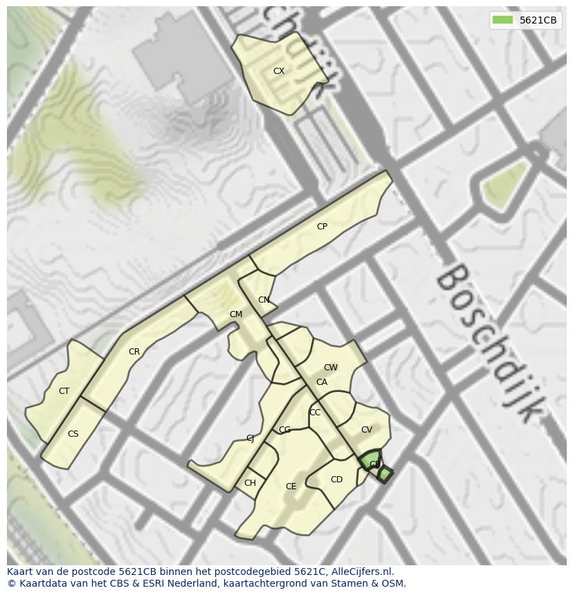 Afbeelding van het postcodegebied 5621 CB op de kaart.