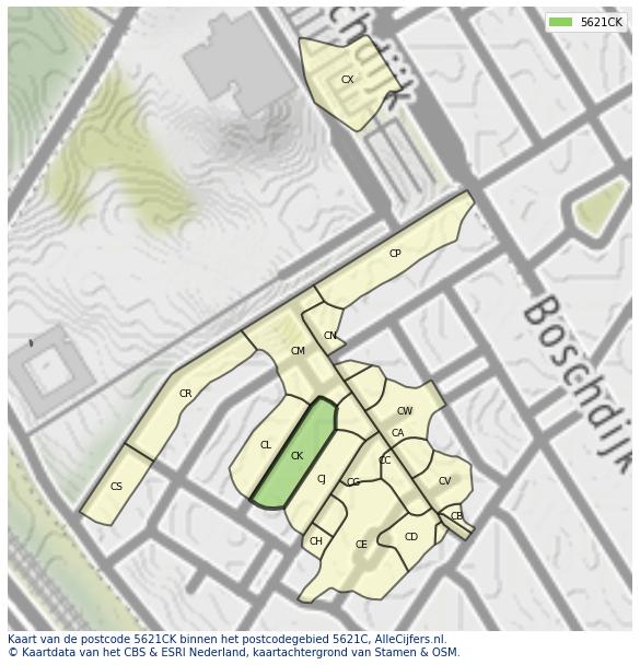 Afbeelding van het postcodegebied 5621 CK op de kaart.