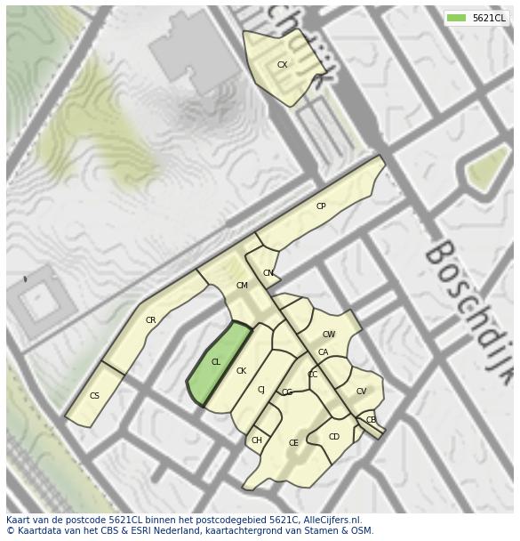 Afbeelding van het postcodegebied 5621 CL op de kaart.