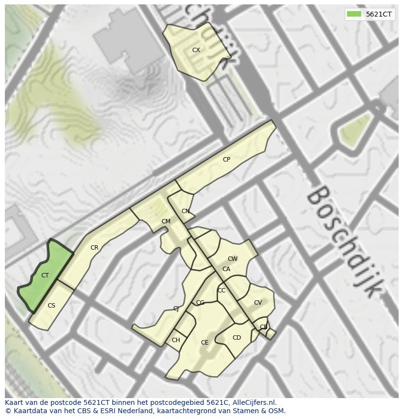 Afbeelding van het postcodegebied 5621 CT op de kaart.