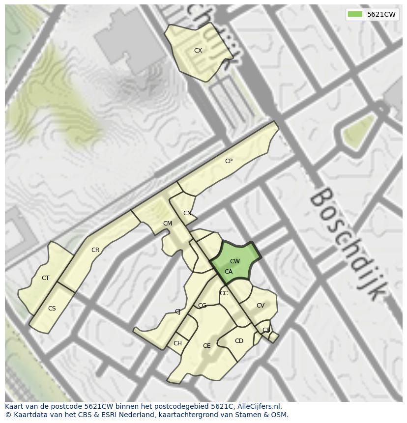 Afbeelding van het postcodegebied 5621 CW op de kaart.