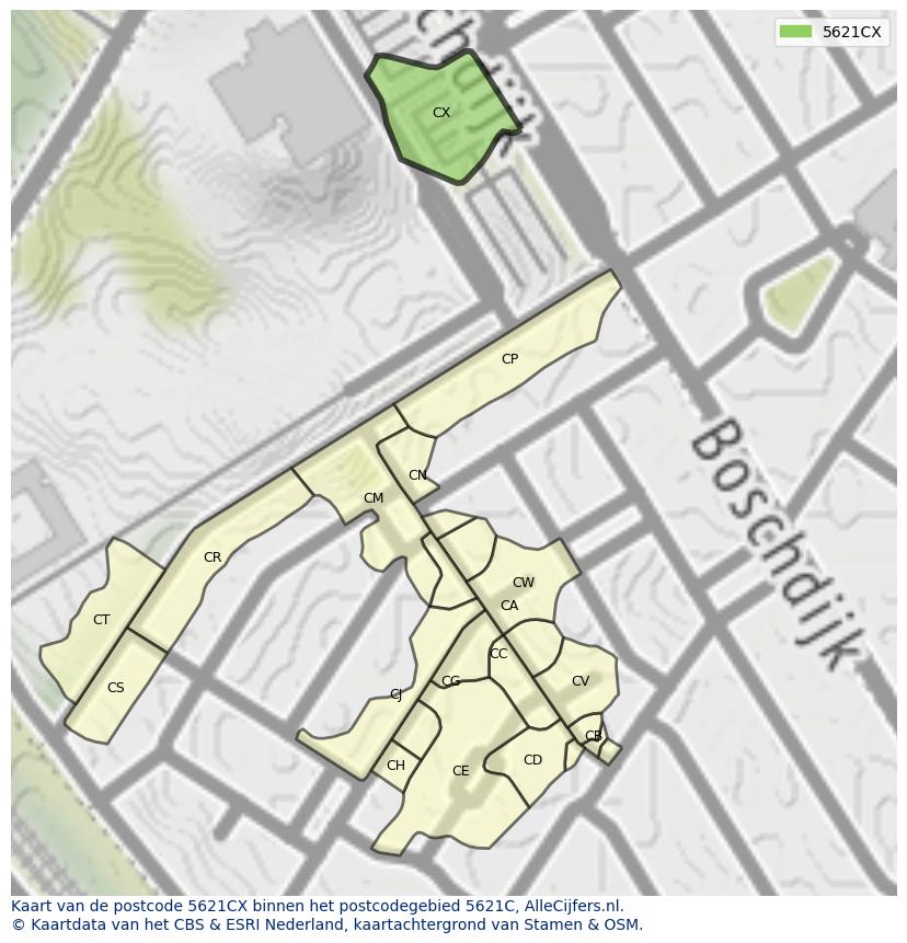 Afbeelding van het postcodegebied 5621 CX op de kaart.