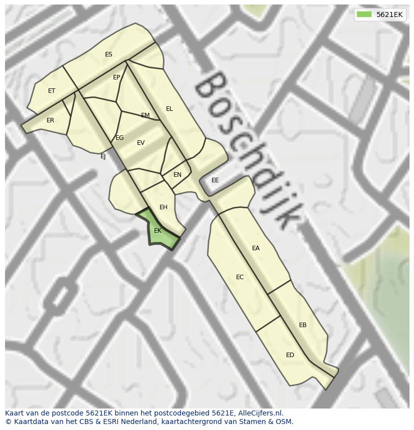 Afbeelding van het postcodegebied 5621 EK op de kaart.