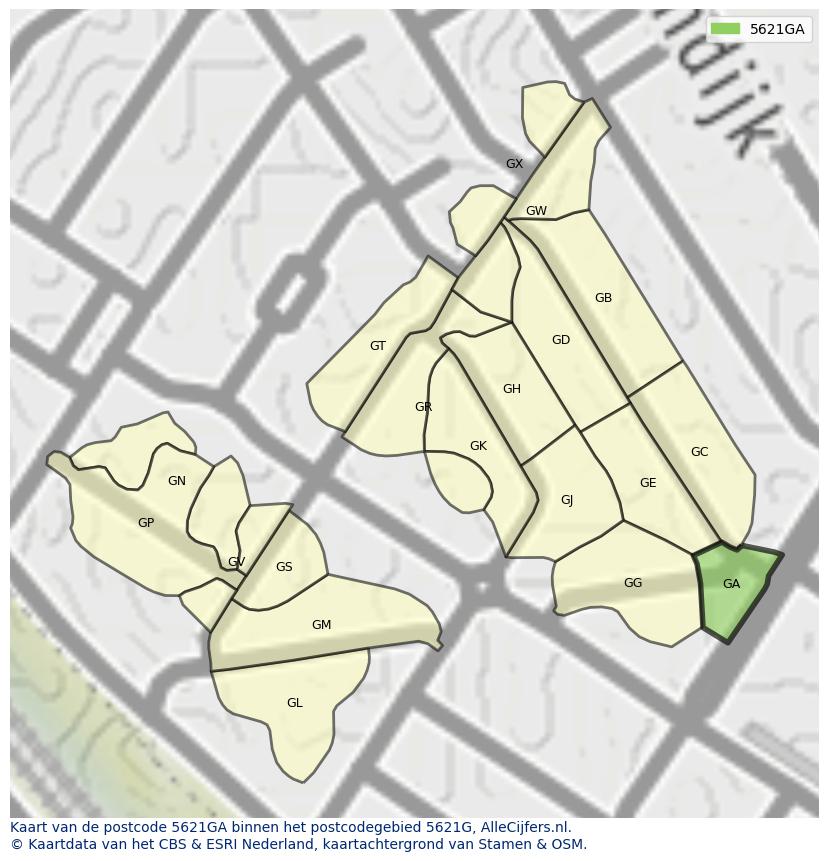 Afbeelding van het postcodegebied 5621 GA op de kaart.