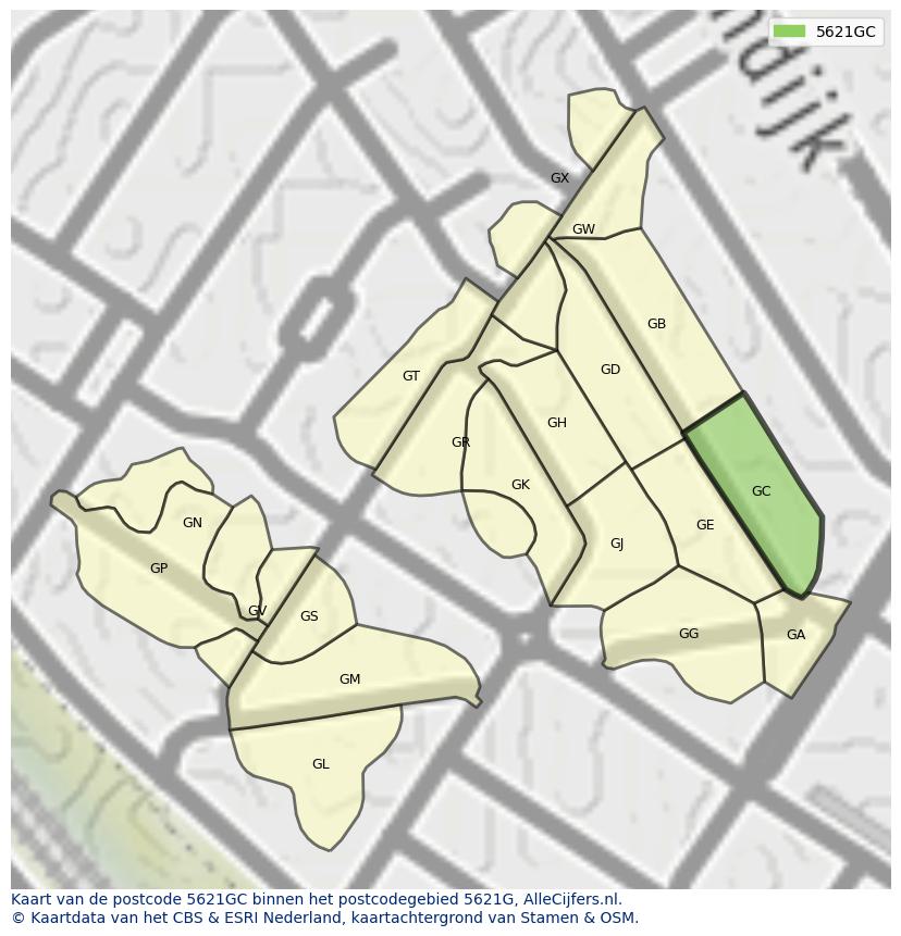 Afbeelding van het postcodegebied 5621 GC op de kaart.