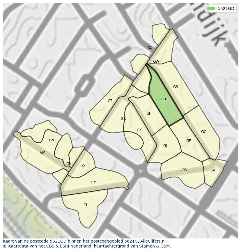 Afbeelding van het postcodegebied 5621 GD op de kaart.
