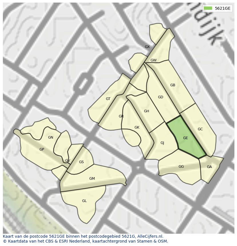 Afbeelding van het postcodegebied 5621 GE op de kaart.