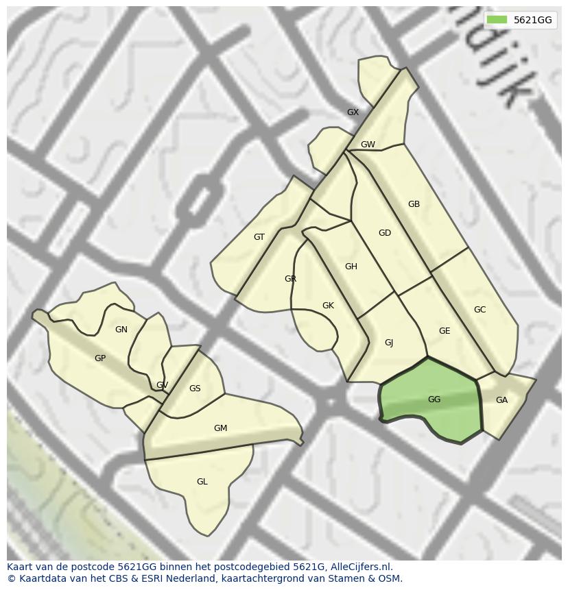 Afbeelding van het postcodegebied 5621 GG op de kaart.