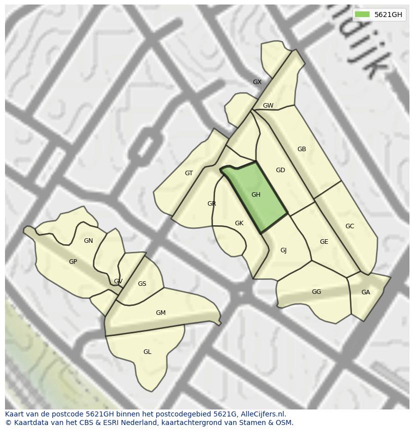 Afbeelding van het postcodegebied 5621 GH op de kaart.