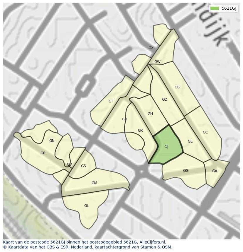 Afbeelding van het postcodegebied 5621 GJ op de kaart.